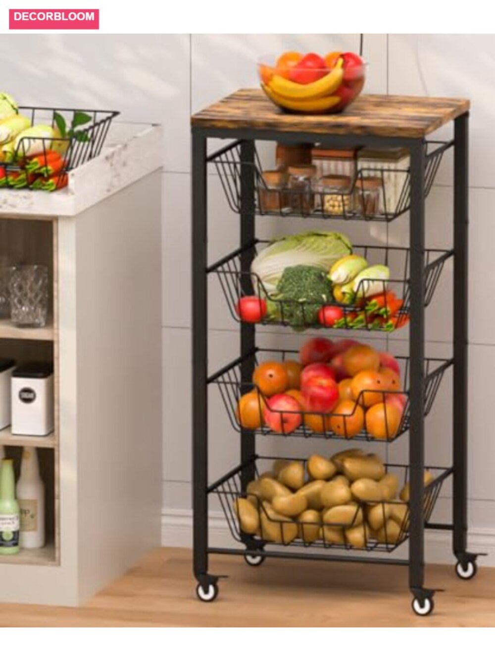 5-Tier Rolling Storage Cart with Fruit Baskets & Banana Holder